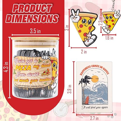 80 Positive Pizza Glass Jar & Keychain - 80 Affirmation Cards For Women, Emotional Support Pizza - Christmas Gift For Friend Women, Teen Girl Trendy Stuff, Mental Health & Stress Relief Gift thumbnail 2