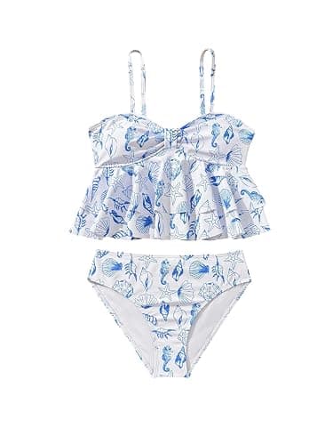 SHENHE Girl's Ruffle Tankini Swimsuits 2 Piece Spaghetti Strap Layered Eyelet Bathing Suits - Image 1