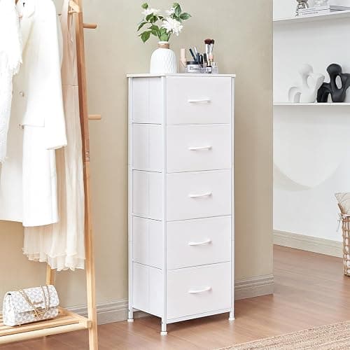 Somdot Tall Dresser for Bedroom with 5 Drawers, Storage Organizer Chest of Drawers with Removable Fabric Bins for Closet Bedside Living Room Laundry Entryway Hallway, White Leather thumbnail 8