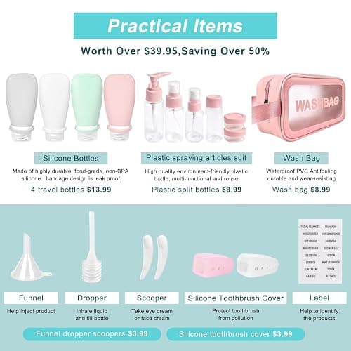 18 Pcs Travel Bottles for Toiletries Gym TSA Approved, Leak Proof with Bandage Silicone Squeezable 3oz for Toner Shampoo Conditioner Lotion Body Wash with Funnel Toothbrush Cover Tag and Wash Bag thumbnail 3