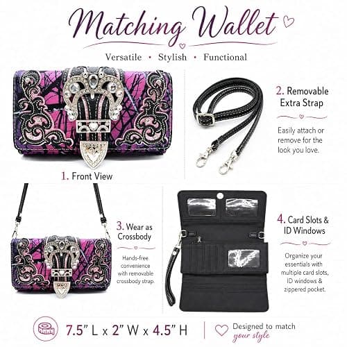 Western Trendy Camouflage Purse Country Handbag and Wallet Set for Women | Rhinestone Buckle, Side Pockets & Convertible Wallet Carry thumbnail 6