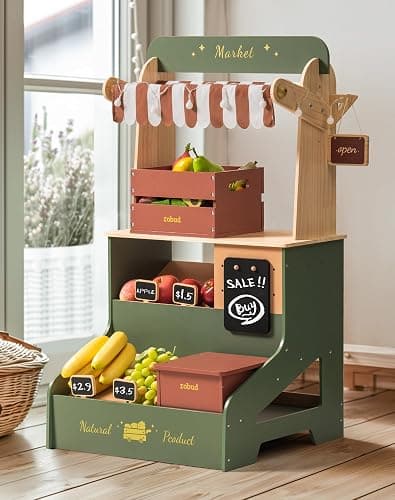 ROBUD Pretend Play Grocery Store with Lights, Supermarket Playset for Kids, Interactive Wooden Play Market Stand, Gift for 3+ Kids Boys Girls (Vintage Green) thumbnail 8
