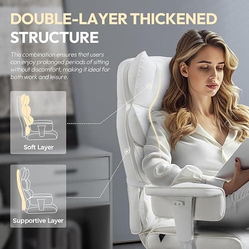 Dowinx Big and Tall Office Chair with Pocket Spring Cushion,High Back Computer Gaming Chairs with Adjustable Armrests and Lumbar Support,Executive Desk Chairs with Footrest(PU Leather,White) thumbnail 3