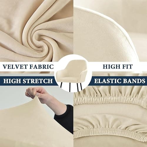 Velvet Stretch Dining Chair Cover with Arms – Soft, Washable, Anti-Slip Slipcover for Curved Back Accent Chairs, Protective Armchair Cover for Dining Room & Office(Beige,1PC) thumbnail 5
