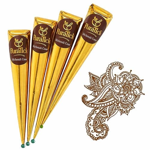 PuraTick 4 Pcs Henna Mehndi Cones Dark Brown Mehndi | All Natural Body Art Organic Herbal Temporary Tattoo | Ready to Use Henna | Pack of 4 - Image 1