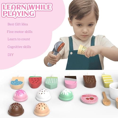 Wooden Ice Cream Set for Kids, 49 PCS Wooden Role Play Ice Cream Counter Shop Playset, Play Food Sets for Kids Kitchen, Pretend Play Toys, Imaginative Toys Gift for 3 4 5 Year Old Girls Boys thumbnail 6