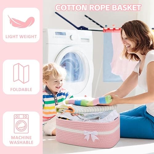 OIAHOMY Large Woven Storage Basket with Handles for Nursery Living Room Shelves, Bow Basket for Gifts Empty with Gift Bags and Ribbons for Baby Showers Pet Toy Bin - Pink thumbnail 6