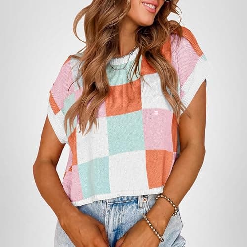 Saodimallsu Womens Cap Sleeve Crop Tops Summer Color Block Knit Sweater | Summer, Color Block, Going Out, Crew Neck, Knit Trendy Casual Sweater,Teacher Outfit thumbnail 7