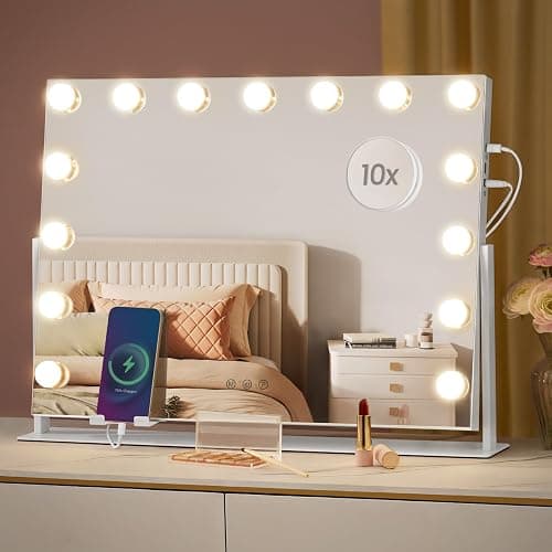 SONGMICS Specchio da Trucco con Luci, Controllo Touch, 15 LED Dimmerabili, Porte di Ricarica, Specchio Staccabile Ingranditore 10X, 3 Temperature Colore, Supporto Telefono, San Valentino LWM001W02 - Image 1