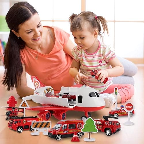 Dwi Dowellin Airplane Toy with Fire Truck Cars and Play Mat,Plane with Lights and Sounds for 3 + Years Old Boys and Girls thumbnail 2