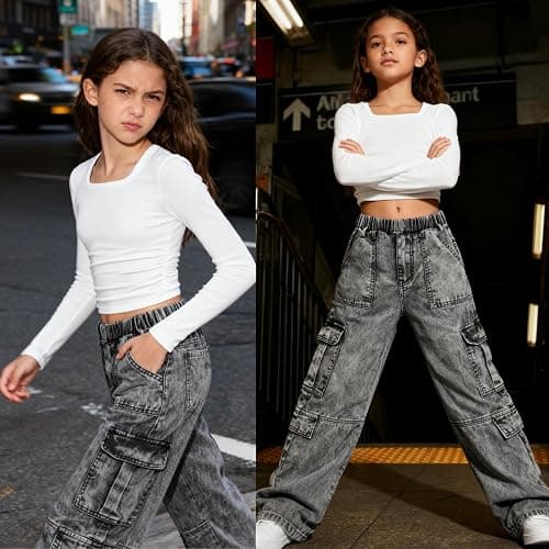 Tween Girls Clothes 2 Piece Long Sleeve Top + Denim Cargo Pants, Teen Girls Fall Clothing Set, Sizes 5-12 Years thumbnail 5