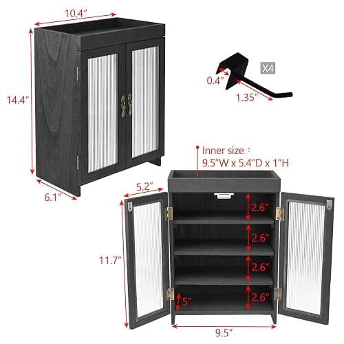 Ikee Design Wooden Countertop Storage Cabinet with Wavy Magnetic Door, Adjustable Shelves, Removable Hooks. Perfect for Perfume, Figurines, and Coffee Cups, Black Color, 10.4 W x 6.1 D x 14.4 H in thumbnail 3