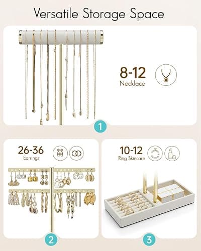 Vlando 2 Tier Necklace Holder Organizer with Tray, Leather Bracelet Holder Display for Women, Gold Jewelry Holder Stand for Bracelet, Necklace, Earrings, Rings - Cloud White thumbnail 4