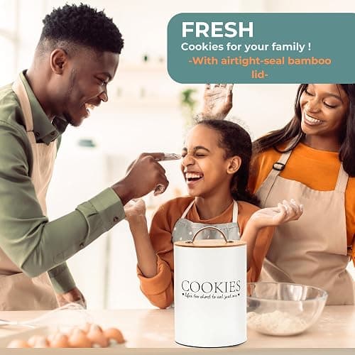 D'Lifeful Cookie Jar with Airtight Bamboo Lid – 1.1 Gallon Cute and Decorative Cookie Storage for Kitchen Countertop – Farmhouse Storage Tin for Freshness – Great Gift Idea (Off White) thumbnail 2
