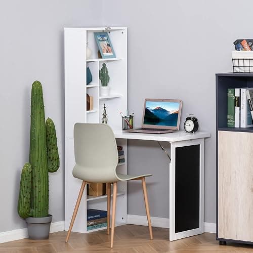 Zentrava Foldable Wall Mounted Desk with Storage Shelves, Fold Out Convertible Computer Table with Blackboard, Folding Writing Table Workstation for Small Spaces,Home Office (White) thumbnail 8