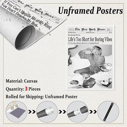 Set of 3 Modern Preppy Newspaper Canvas Wall Art Black and White New York Newspapers Prints for Dorm Room Aesthetic Funky Urban Decor 3Pcs11x14in Unframed thumbnail 3