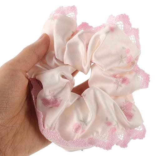 BETOOKY 2pcs Pink Lace Floral Satin Scrunchies Silk Hair Ties with Bow Knot, Stretchy Ponytail Holders thumbnail 9