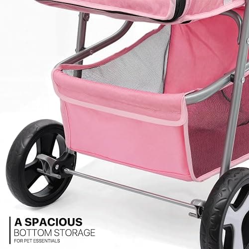 MoNiBloom 3-Wheels Foldable Pet Stroller with Waterproof Cover, Pet Strolling Cart for Small/Medium Dogs and Cats with Storage Basket and Cup Holder, Breathable and Visible Mesh for All-Season, Pink thumbnail 8