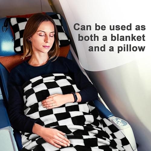 Travel Blanket and Pillow Compact, Premium Soft 2 in 1 Airplane Blanket with Soft Bag Pillowcase，Hand Luggage Sleeve and Backpack Clip (Checkered Black) thumbnail 6