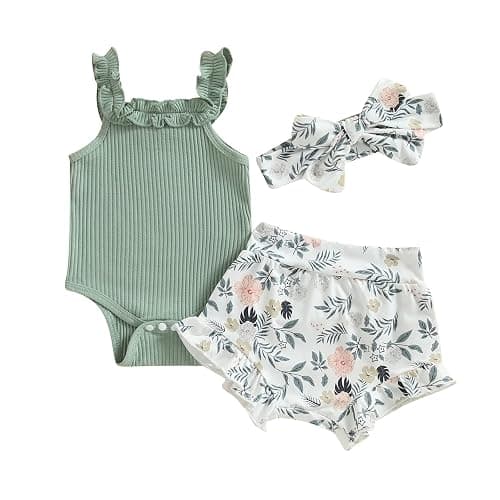 CIYCUIT Newborn Baby Girl Summer Clothes Ruffle Sleeveless Ribbed Top Bloomers Shorts Set - Image 1