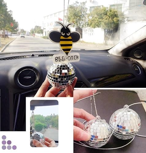 Mirror Disco Ball Hanging Car Accessory - Rear View Mirror Hanging - Silver (1.9 inch) thumbnail 7