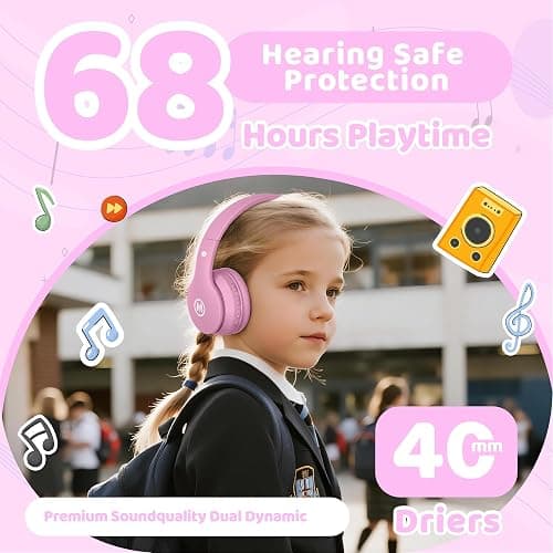 Mokata Headphones Kids Bluetooth 5.4 Wireless Play Time 68H Safe Volume Limit 85/94dB Over-Ear Foldable Headset,Fast Charging,with Aux Cord Built-in Mic for Toddler Child Pad Study Tablet Pink thumbnail 3