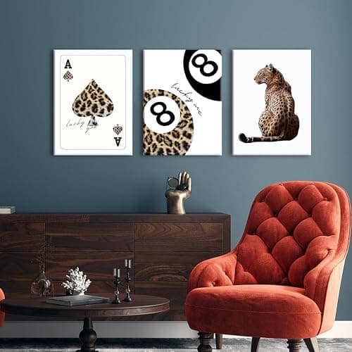 Trendy Leopard Canvas Wall Art Set of 3 - Cheetah Prints Wall Decor Pictures, Funky Lucky You 8 Ball Poster Preppy Aesthetic Paintings, for Girls Bedroom Dorm Apartment 12x16 inch Framed thumbnail 2