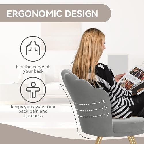 Aivermeil Esszimmerstühle Samt • Muschelsessel mit Rückenlehne & Armlehnen • Schminktisch Stuhl • Polstersessel Elegant • Akzentstuhl mit Gold Metallbeinen Accent Chair • Grau thumbnail 5