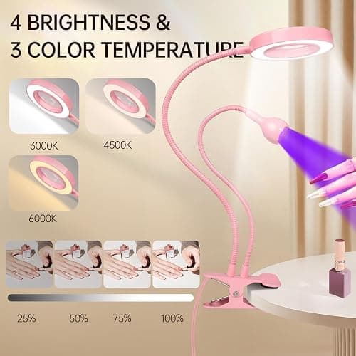 AORAEM LED UV Nail Lamp with Double-Head and 6X Magnifier, Pink | Gooseneck Lamp for Gel Nails, Flash Cure Lamp for Home DIY Salon thumbnail 4