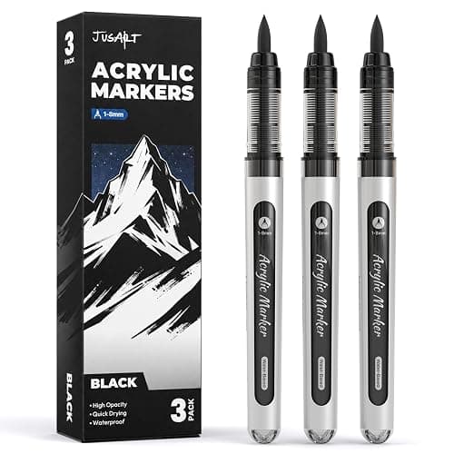 JusArt 3 Black Acrylic Paint Markers Brush Tip, Automatic Ink Control | Water-Based Black Paint Pen, School Classroom Use, Waterproof Acrylic Pens for DIY Art & Crafts -Fabric, Wood, Rock, Metal - Image 1