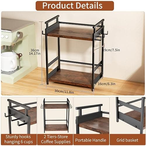 KLM Coffee Bar Organizer for Home Office, 6 Hooks Coffee Cup Holder Rack | Kitchen Counter Storage Shelf , Coffee and Tea Condiment Station Organizer thumbnail 3