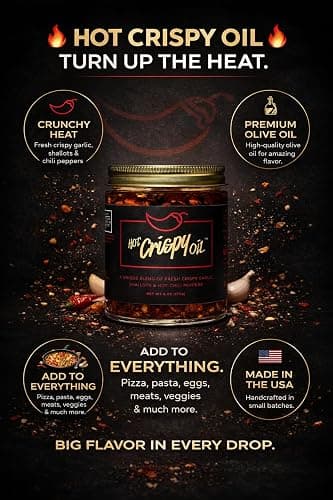 Hot Crispy Oil - Spicy Chili Crisp Blend of Olive Oil, Fresh Crispy Garlic, Shallots & Hot Chili Peppers - Designed for Pizza, Pasta, Eggs, Bread & More - Made in USA - Mild Heat - 6 fl oz - Original thumbnail 4