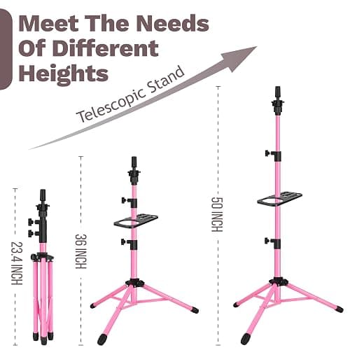 ZQIAN BEAUTY Wig Stand Tripod 50 Inch Metal Wig Mannequin Head Tripod Stand For Hairdressing Training Head Adjustable Wig Tripod Stand with Tool Tray (Pink, Mannequin Head Not Included) thumbnail 2