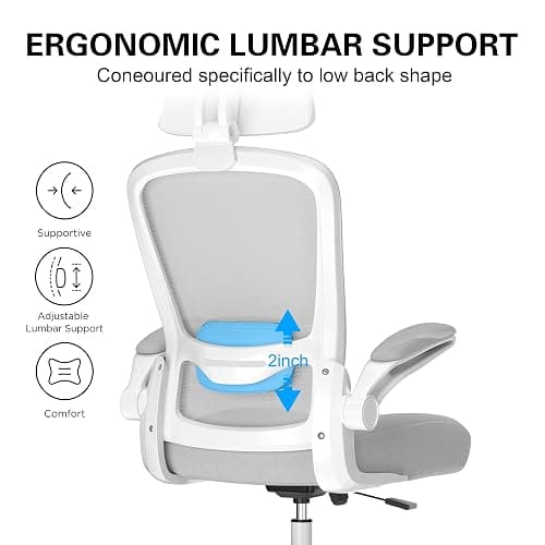 Mimoglad Office Chair, High Back Ergonomic Desk Chair with Adjustable Lumbar Support and Headrest, with flip-up Armrests for Guitar Playing, 5 Years Warranty (Moon Grey) thumbnail 4