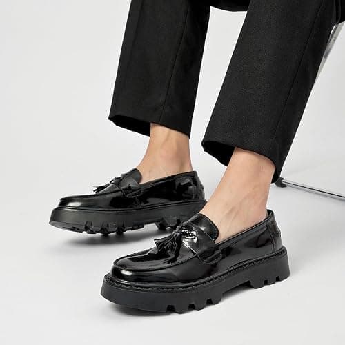 Men's Black Patent Leather Platform Loafers Slip-On Dress Shoes with Tassel, Non-Slip Lug Sole Round Toe Penny Formal Shoes for Business Work & Daily thumbnail 6