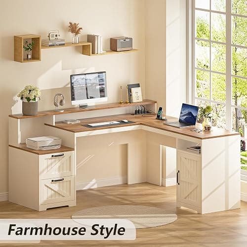 YOMILUVE 63" Farmhouse L Shaped Executive Desk with Drawers & Storage Shelf, Corner Computer Desk with Power Outlets, L Shaped Office Desk with Monitor Stand, Printer Shelf, Antique White thumbnail 3