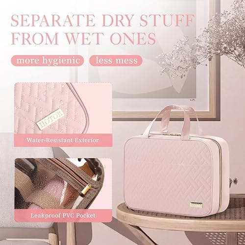 HOTOR Travel Toiletry Bag - Hanging Toiletry Bag for Women & Men, Makeup Bag/Big Comparment, Waterproof for Travel Accessories, Travel Essentials, Medium, Pale Pink thumbnail 6