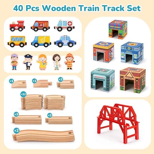 Wooden Train Set for Kids 3-7, Wood Train Tracks Complete Town Railway Playset with Matching Figures, Vehicles, Stacking and Nesting Blocks, Sorting & Stacking Toys Gifts for Boys Girls thumbnail 5