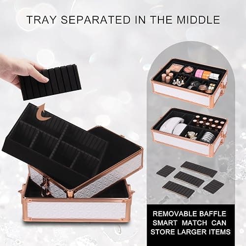 Yujesyde Rolling Makeup Train Case, 6 in 1, White | With Mirror & Lock, Professional Makeup Travel Case, Large Cosmetic Organizer for Cosmetologists & Nails thumbnail 5