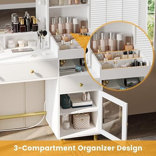 VIAGDO White Vanity Desk with Mirror and Lights, Makeup Vanity with Charging Station & 3 Storage Compartments, Makeup Desk with Drawers and Open Storage Shelves, Bedroom Dressing Table thumbnail 4