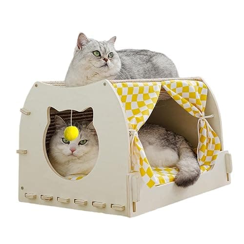 VARMTOR Cat House Indoor, Cat Cave, Modern Kitten Bed with Scratch Pad and Fluffy Ball, Wooden Frame with Cushion and Curtains (M, Double-Layer) - Image 1