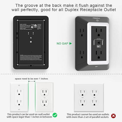 Outlet Extender USB Wall Charger - POWRUI 6 AC Surge Protector Outlets with 3 USB Ports (1 USB C) and Night Light, 3-Sided Multi Plug Wall Outlet Power Strip with Spaced Outlets, ETL Listed, Black - 2U1C - Black thumbnail 5