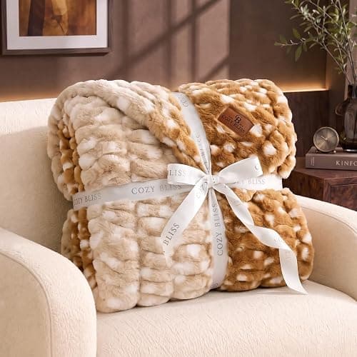 Cozy Bliss Premium Ruched Faux Fur Throw Blanket for Couch, Double-Sided Soft Textured Fuzzy Plush Blanket for Home Decor, Bed & Living Room, Cozy Warm Minky 550GSM Blanket, 50 x 60 Inches, Brown Deer thumbnail 2