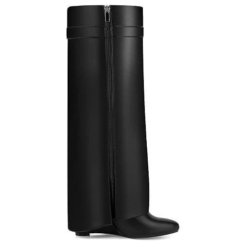 HYYH CFPL Fold Over Knee High Boots for Women Pointy Pull-on Wedge Heel Knee Shark Boot With Side Zipper Covered Wedge Heel Padlock Boot thumbnail 2