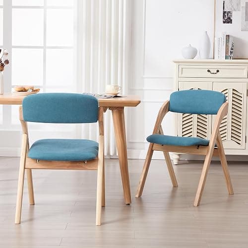 YUUIJOAA 4-Pack Folding Chairs with Cushion, Linen Padded Foldable Dining Chairs, Portable Raw Wooden Folding Chairs for Dining Rooms Parties Offices Indoor Outdoor Blue thumbnail 4