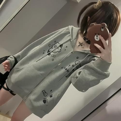 Dynict Womens Y2K Zip Up Cute Graphic Hoodies Cat Ears Casual Cartoon Harajuku Kawaii Clothes Oversize Streetwear Jacket thumbnail 6