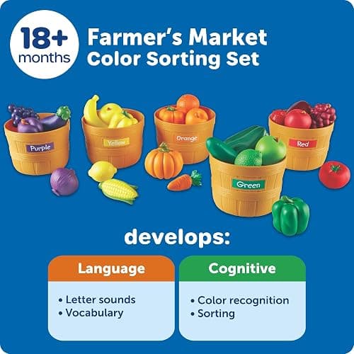 Learning Resources Farmer's Market Color Sorting Set - Pretend Play Food Sets for Kids Kitchen, Color Sorting Toys, Plastic Fruit and Vegetable Toy for Kids Kitchen Set, Play Food for Toddlers 1-3 thumbnail 7