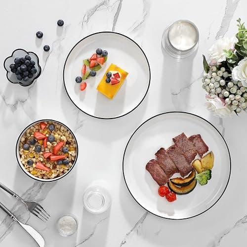 MALACASA Plates and Bowls Sets, 12 Pieces Modern Porcelain Dinnerware Set for 4 White Kitchen Dinner Dining Ware Set wtih Black Rim Ceramic Dishware Dishes Microwave and Dishwasher Safe, Series LUNA thumbnail 2