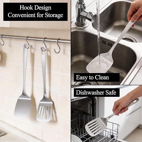 ChefBee 2PCS Stainless Steel Spatula Set, Solid & Slotted Turner | Heat Resistant, Heavy Duty Kitchen Utensils, Dishwasher Safe, For Flipping Fish Eggs Pancakes, Everyday Kitchen Cooking thumbnail 6