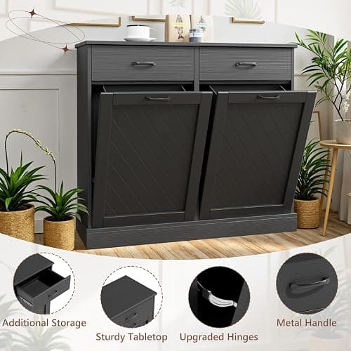 Double Tilt-Out Trash Can Cabinet, 2x15 Gallons Hidden Garbage, Hidden Kitchen Trash Cabinet with Storage Drawer, Pet-Proof Wooden Garbage & Recycling Cabinet for Kitchen, Laundry & Living Room, Black thumbnail 3